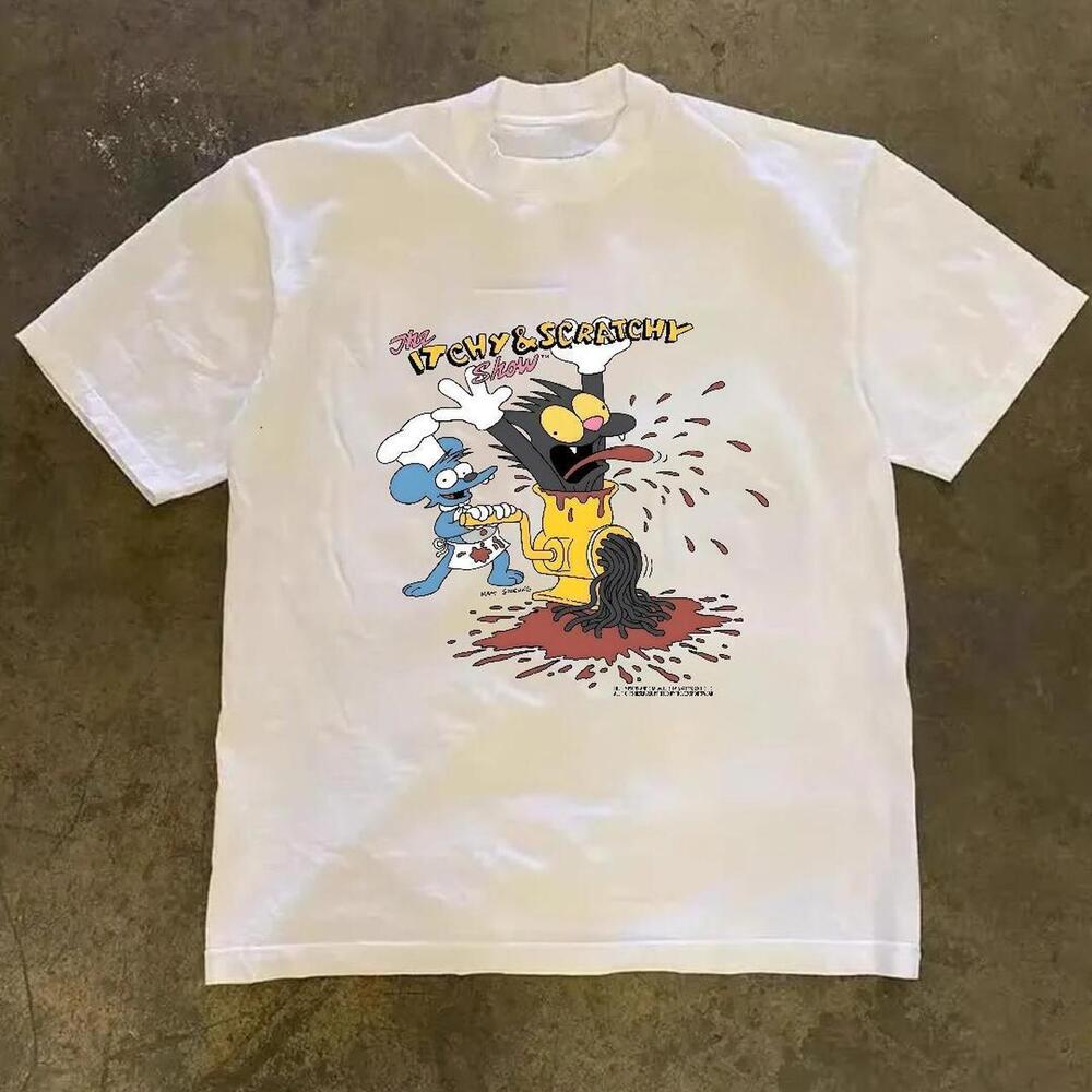 Gildan Men White T-Shirt, The Simpsons Itchy & Scratchy Show White T-Shirt